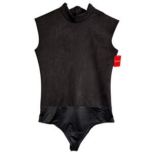 SPANX Faux Suede Mock Neck Sleeveless Bodysuit Classic Black Size L G